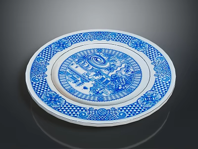 Intricate Sculptural Carving On Ceramic Plate With Blue White Pattern And Ornate Design 3d model
