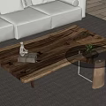 Natural Solid Wood Coffee Table With Sculpture Potted Plant Candle Book And Grey Sofa Rug