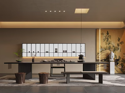 Traditional Tea Room Interior With Wooden Tea Table Ceramic Teaware And Decorative Paintings 3d model