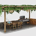 Garden Pergola With Green Vines Wooden Structure Outdoor Dining Area Grill And Wood Stack