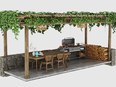 Garden Pergola With Green Vines Wooden Structure Outdoor Dining Area Grill And Wood Stack 3d model