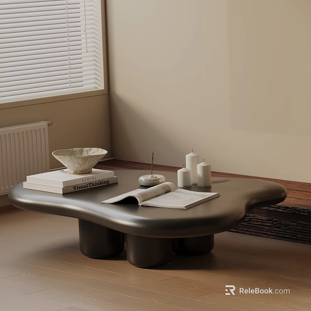 Modern Sofa and Coffee Table Set with Black Irregular Table Books Open Notebooks and Candles 3d model 