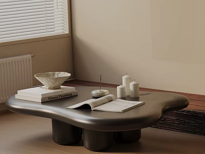 Modern Sofa and Coffee Table Set with Black Irregular Table Books Open Notebooks and Candles 3d model