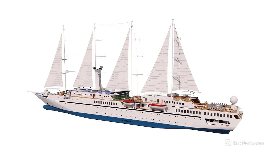 Elegant Cruise Ship With Multiple White Sails And Blue Bottom 3d model