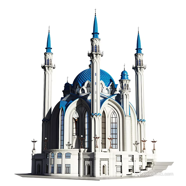 Ancient Islamic Architecture With Blue Domes White Structure And Towering Minarets 3d model 