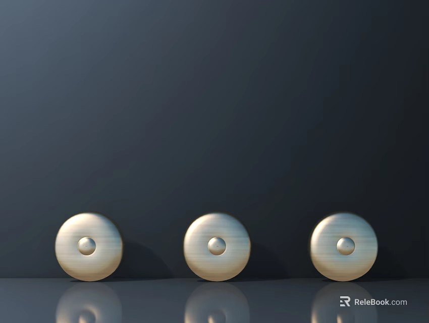 Three Round Shiny Metal Handles On Dark Background With Reflective Surface 3d model