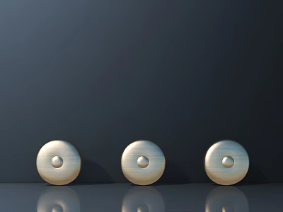 Three Round Shiny Metal Handles On Dark Background With Reflective Surface 3d model