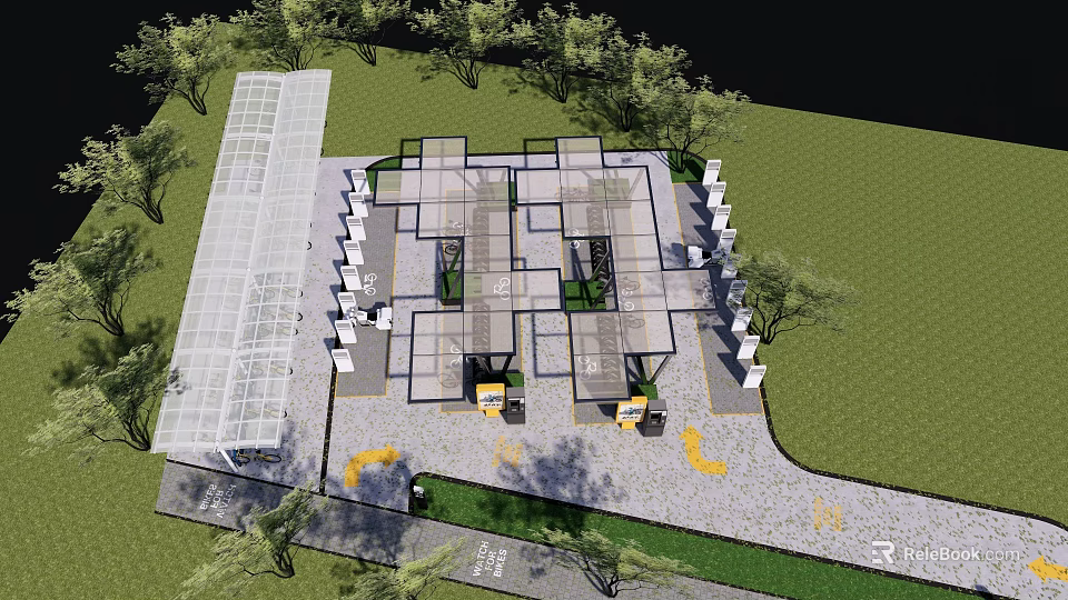 Open Garden Landscape Design With Paved Pathways Greenery And Pergola Structures 3d model 