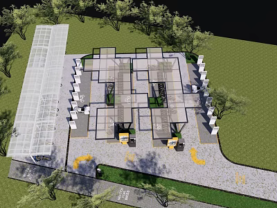 Open Garden Landscape Design With Paved Pathways Greenery And Pergola Structures 3d model
