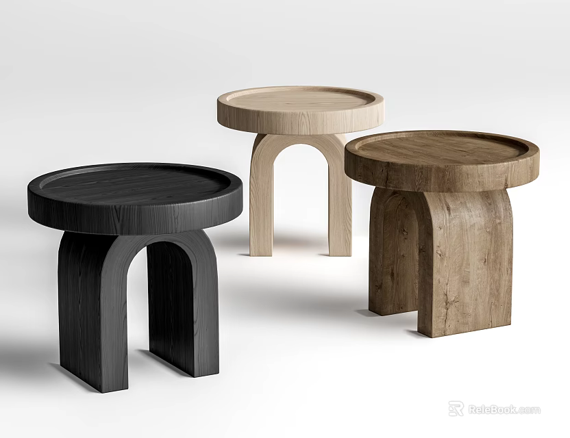 Modern Round Top Wooden Side Tables With Arched Legs In Different Tones 3d model 