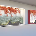 Two Window Displays With Red Hanging Branches And Mountain Pattern Design 3d model