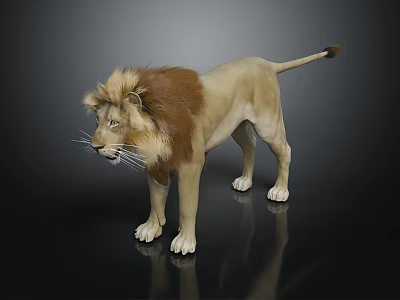 3D Lion Standing With Brown Mane Beige Body White Paws On Black Reflective Surface 3d model