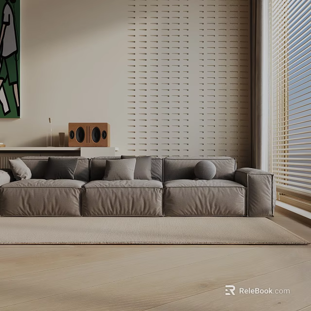 Gray Three-Seater Sofa With Plush Cushions In Living Room With Window Blinds And Wall Art 3d model 