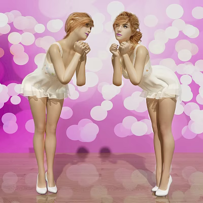 Two Women In White Dresses Standing Face To Face Against Pink Bokeh Background 3d model