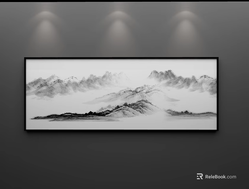 Black and White Landscape Painting With Misty Mountains Hanging On Gray Wall Under Spotlights 3d model 