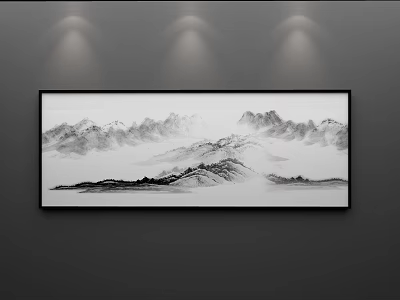 Black and White Landscape Painting With Misty Mountains Hanging On Gray Wall Under Spotlights 3d model