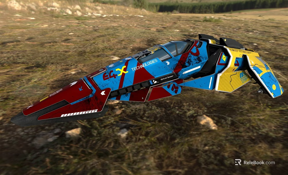 Colorful Fighter Jet With Red Blue Yellow Paint Scheme On Grass Field And Design Elements 3d model 
