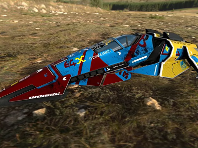 Colorful Fighter Jet With Red Blue Yellow Paint Scheme On Grass Field And Design Elements 3d model