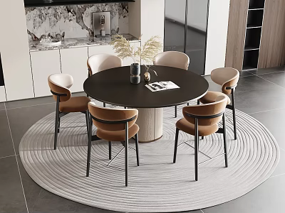 Modern Round Dining Table Set With Upholstered Chairs And Circular Area Rug 3d model
