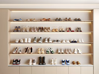Neatly Arranged Various Style Shoes On Well Lit Modern Shelves 3d model