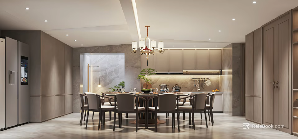 Modern Restaurant Interior With Dining Table Chairs Chandelier And Marble Wall 3d model 