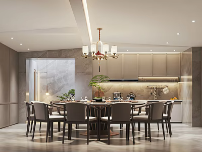 Modern Restaurant Interior With Dining Table Chairs Chandelier And Marble Wall 3d model