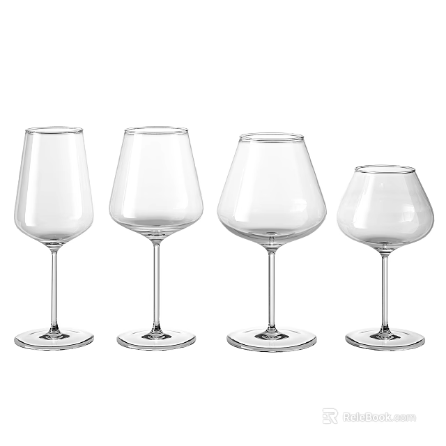 Four Different Transparent Glass Stemmed Wine Glasses With Unique Shapes And Stable Base 3d model 