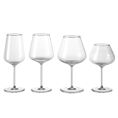 Four Different Transparent Glass Stemmed Wine Glasses With Unique Shapes And Stable Base 3d model