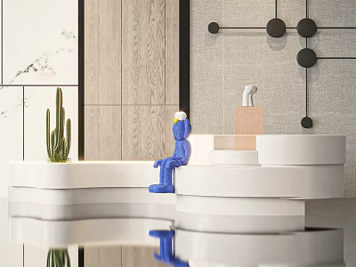 Modern Front Desk Reception Featuring White Curved Counter Blue Figurine Cactus Plant And Wooden Wall 3d model