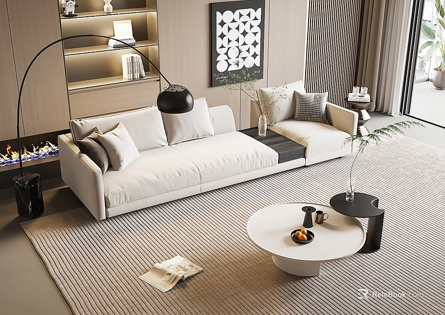 Modern Light Sectional Sofa With Floor Lamp Coffee Table Throw Pillows And Area Rug 3d model 