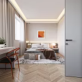 Modern Bedroom Interior With Brass Bedside Lamp White Pillows Brown Blanket And Abstract Wall Art