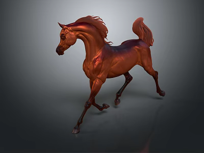 Brown Running Horse Sculpture With Flowing Mane And Tail On Gray Background 3d model