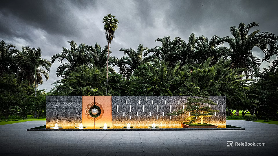 Modern Garden Feature Wall With Stone Panels Circular Decor Lighting And Palm Tree Greenery 3d model 