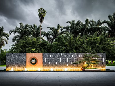 Modern Garden Feature Wall With Stone Panels Circular Decor Lighting And Palm Tree Greenery 3d model
