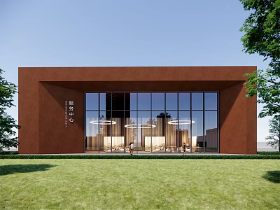 Modern Brown Tourist Center with Large Glass Windows Green Lawn and Trees 3d model
