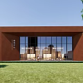 Modern Brown Tourist Center with Large Glass Windows Green Lawn and Trees