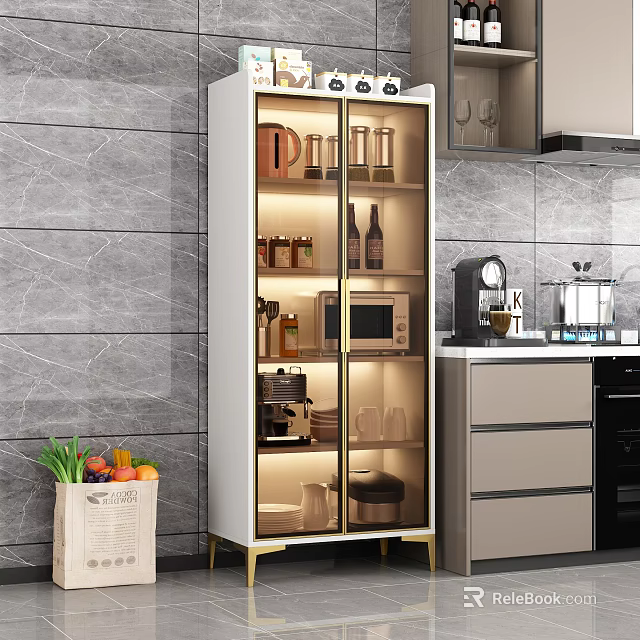 Modern Kitchen Sideboard with Glass Doors LED Lighting and Storage 3d model 
