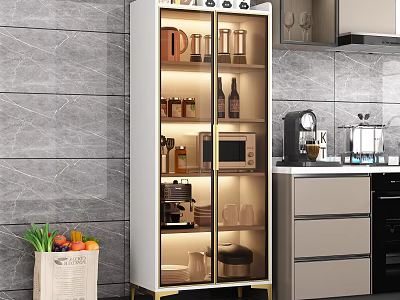 Modern Kitchen Sideboard with Glass Doors LED Lighting and Storage 3d model