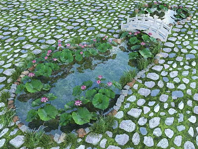 Serene Water Fountain with Lotus Leaves Pink Flowers and White Bridge on Pebble Ground 3d model