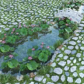 Serene Water Fountain with Lotus Leaves Pink Flowers and White Bridge on Pebble Ground
