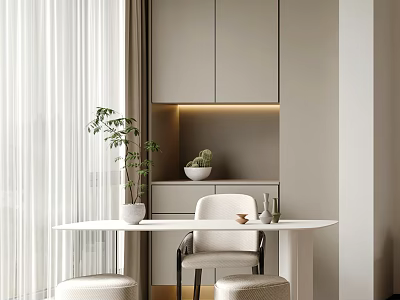 Elegant Modern Tea Room Interior With White Table Chair Green Plants And Soft Lighting 3d model