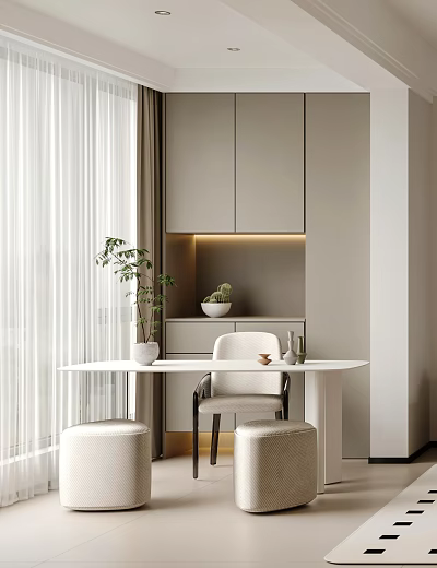 Elegant Modern Tea Room Interior With White Table Chair Green Plants And Soft Lighting 3d model