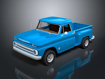 Classic Blue Pickup Truck With Retro Design On Reflective Dark Surface 3d model