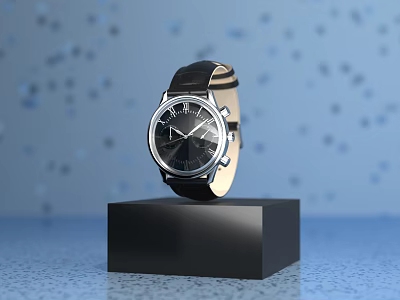 Luxury Black Watch Displayed On Black Square Base Against Blue Background With Blurred Light Spots 3d model