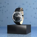 Luxury Black Watch Displayed On Black Square Base Against Blue Background With Blurred Light Spots