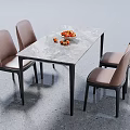 Modern Dining Table Set With Marble Top Light Brown Chairs And Black Legs 3d model