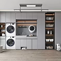 Home Balcony Laundry Area With Washer Dryer Gray Cabinets And Storage Shelves