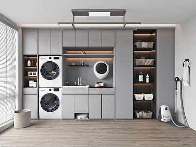 Home Balcony Laundry Area With Washer Dryer Gray Cabinets And Storage Shelves 3d model