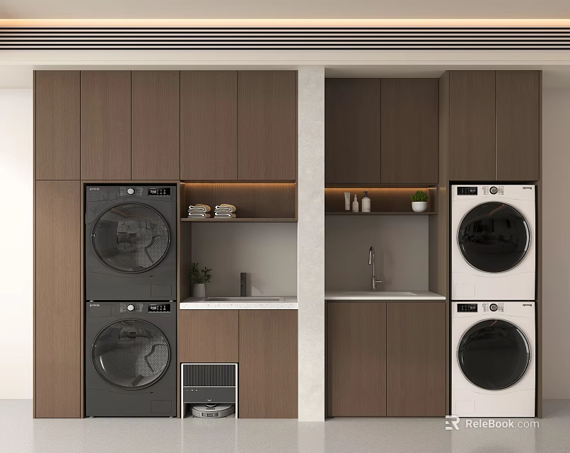 Stacked Black and White Washing Machines in Modern Wooden Cabinet Laundry Room 3d model 