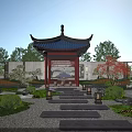 Chinese Style Garden Pavilion with Blue Roof Red Pillars and Surrounding Greenery Rock Formations